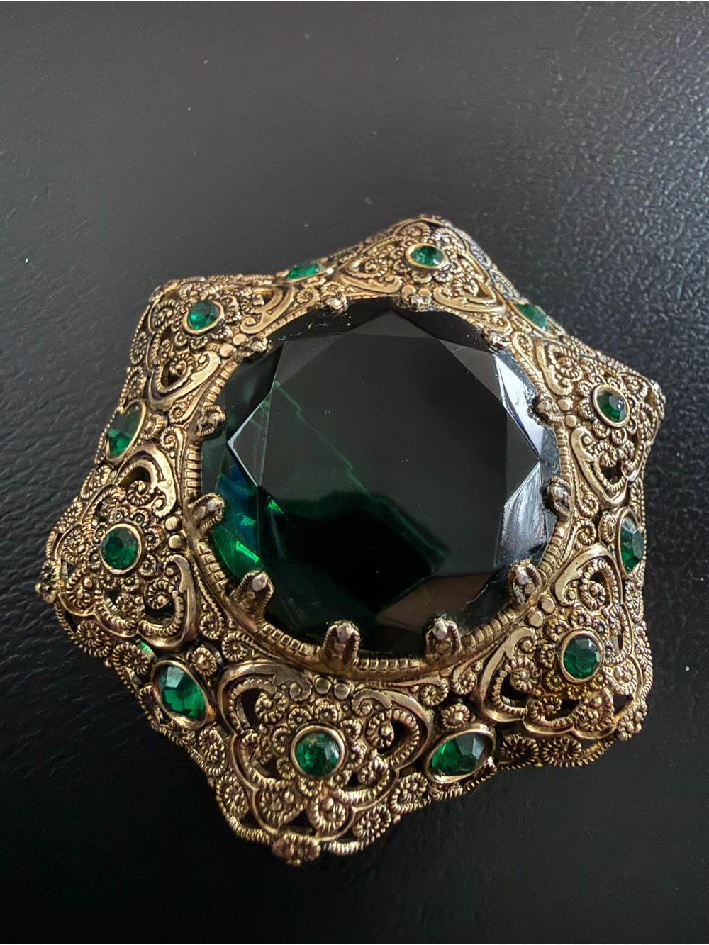 Vintage Filigree West Germany Emerald Green Glass Rhinestone Brooch